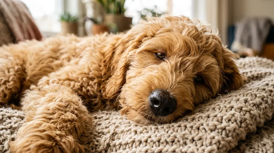 Golden Doodle resting on blanket | Orthopedic & Memory Foam Beds Golden Doodle resting on blanket