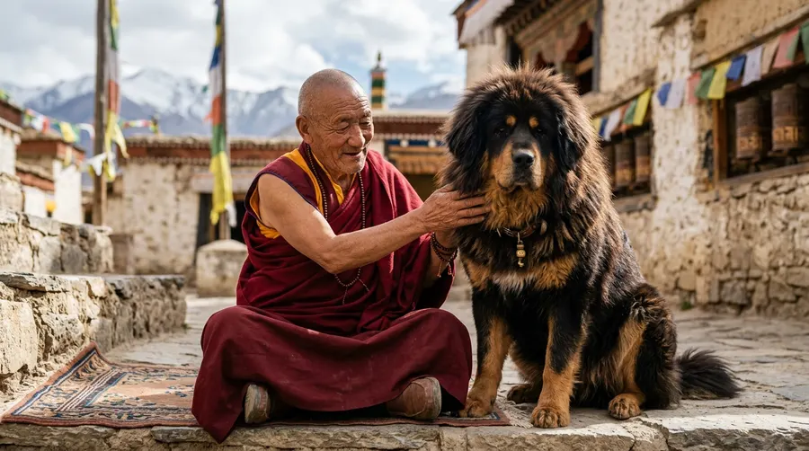 Monk resting hand on dog