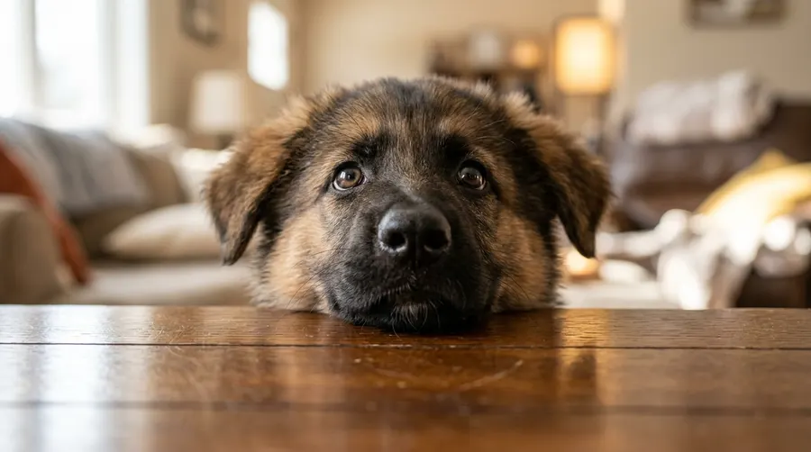 Puppy resting on wooden table