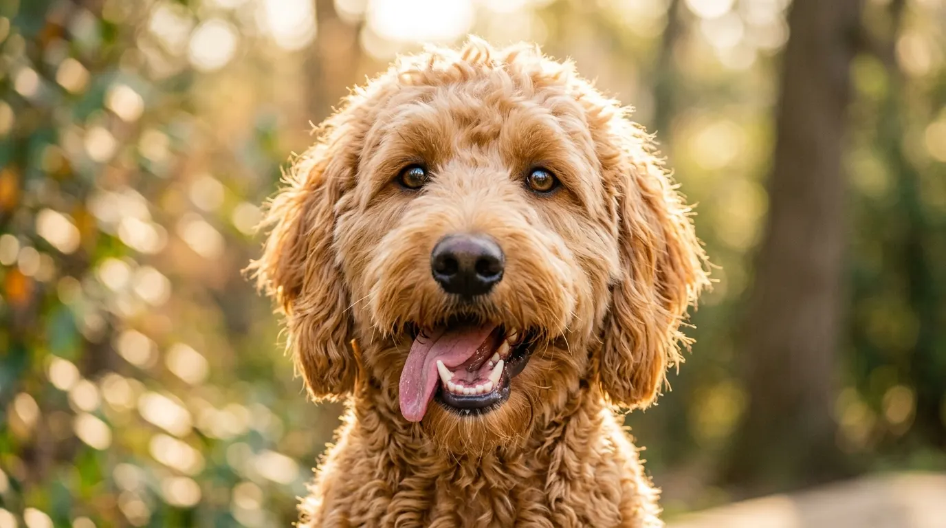 Golden Doodle panting happily | Outdoor Dog Houses Golden Doodle panting happily — Outdoor Dog Houses