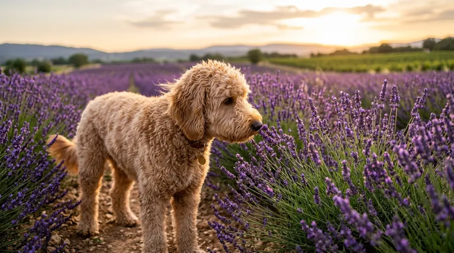 Golden Doodle sniffing purple | Outdoor Dog Houses Golden Doodle sniffing purple