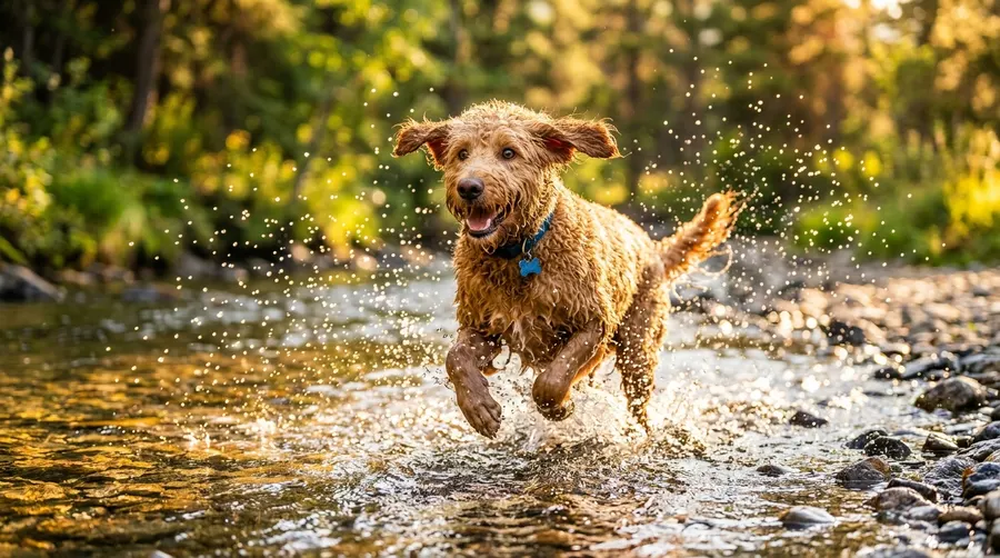 Golden Doodle splashing through | Outdoor Dog Houses Golden Doodle splashing through