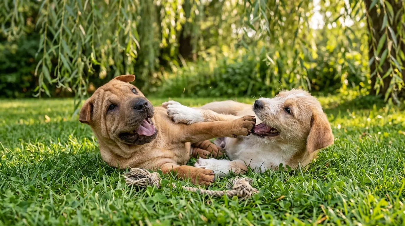 Puppies wrestling on lawn | Outdoor Dog Houses Puppies wrestling on lawn — Outdoor Dog Houses