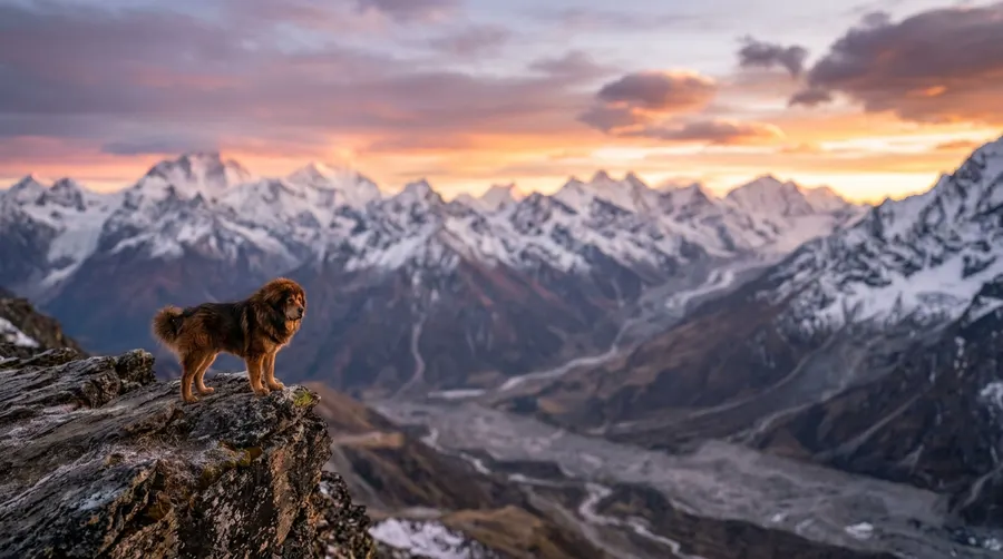 Tibetan Mastiff standing on cliff