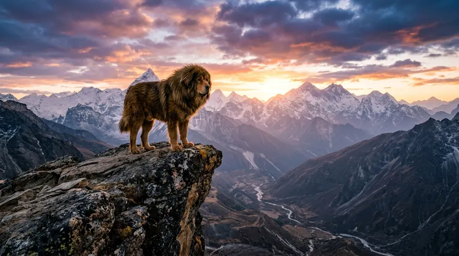 Tibetan Mastiff standing on cliff