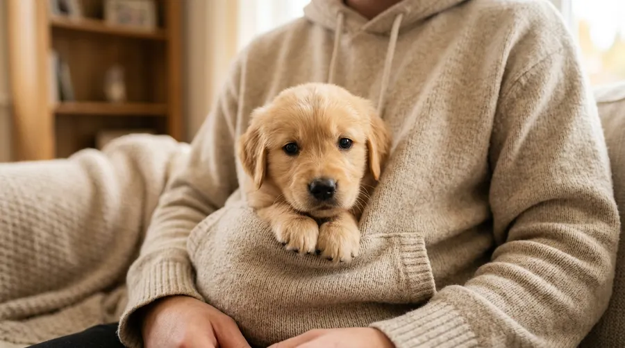 Puppy peeking from hoodie pocket | Pet Cameras Puppy peeking from hoodie pocket