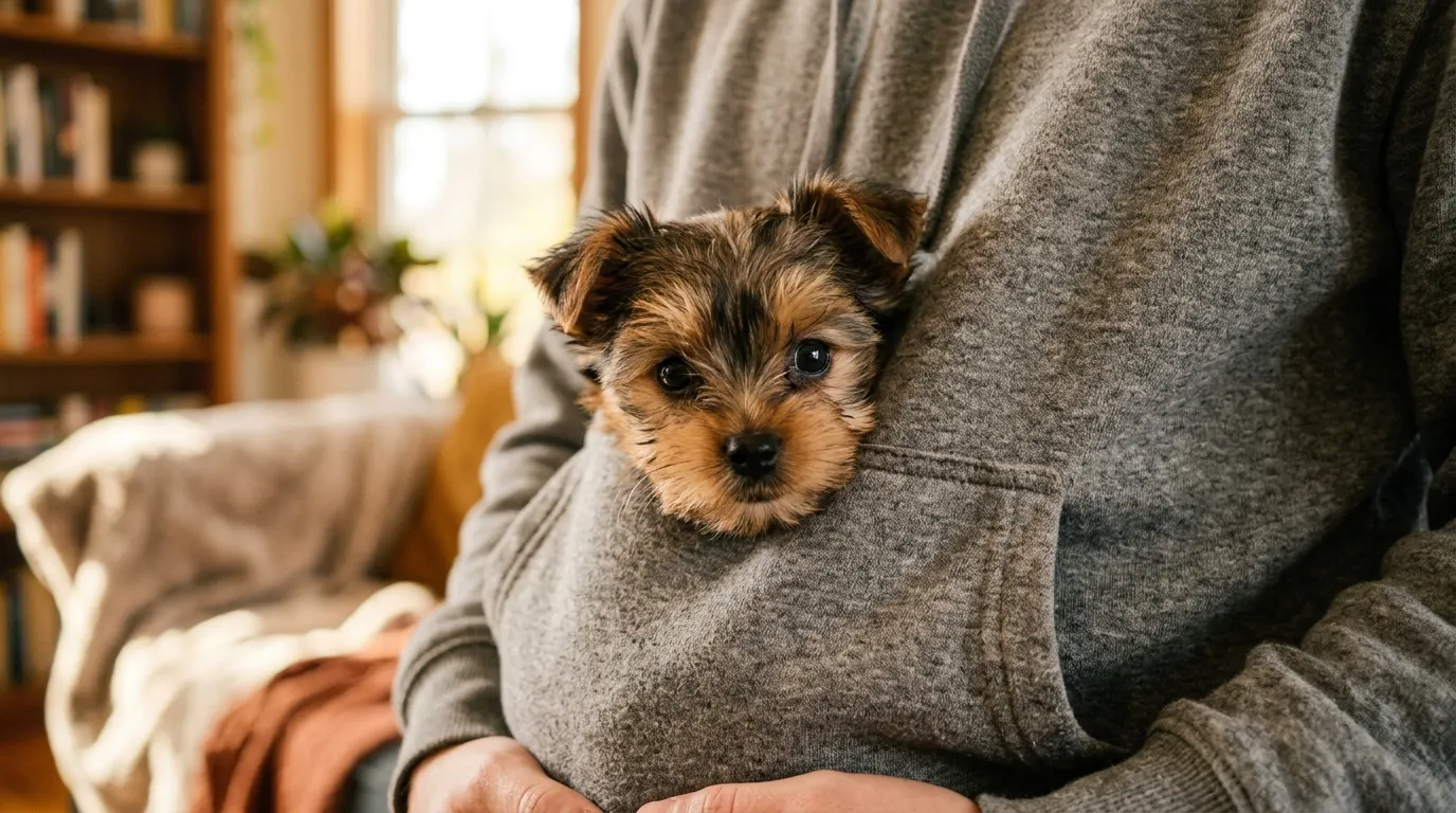 Puppy peeking from hoodie pocket | Pet Cameras Puppy peeking from hoodie pocket — Pet Cameras
