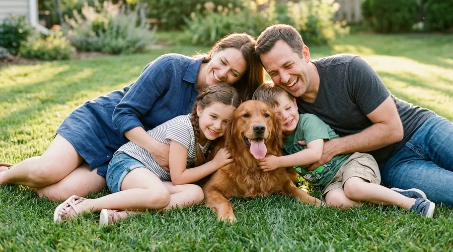 Family hugging dog on grass