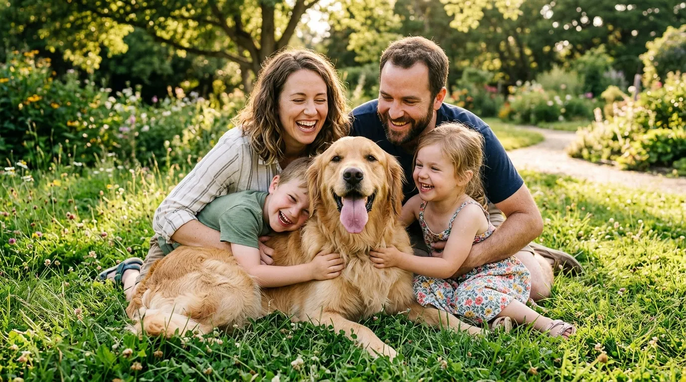 Family hugging dog on grass — Pet Loss Grief