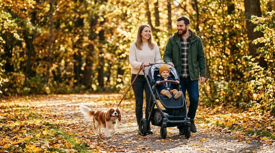Family strolling with dog in