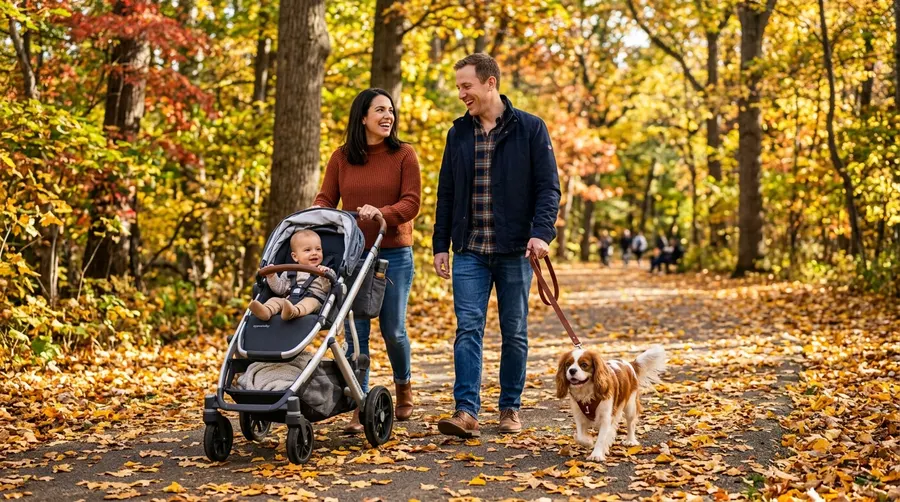 Family walking dog in park