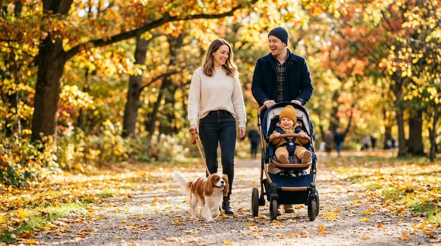 Family walking dog in park