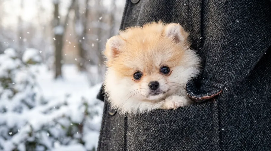 Pomeranian puppy sitting in pocket | Pet Loss Grief Pomeranian puppy sitting in pocket