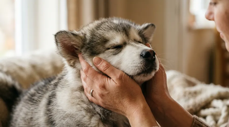 Person cupping puppy face