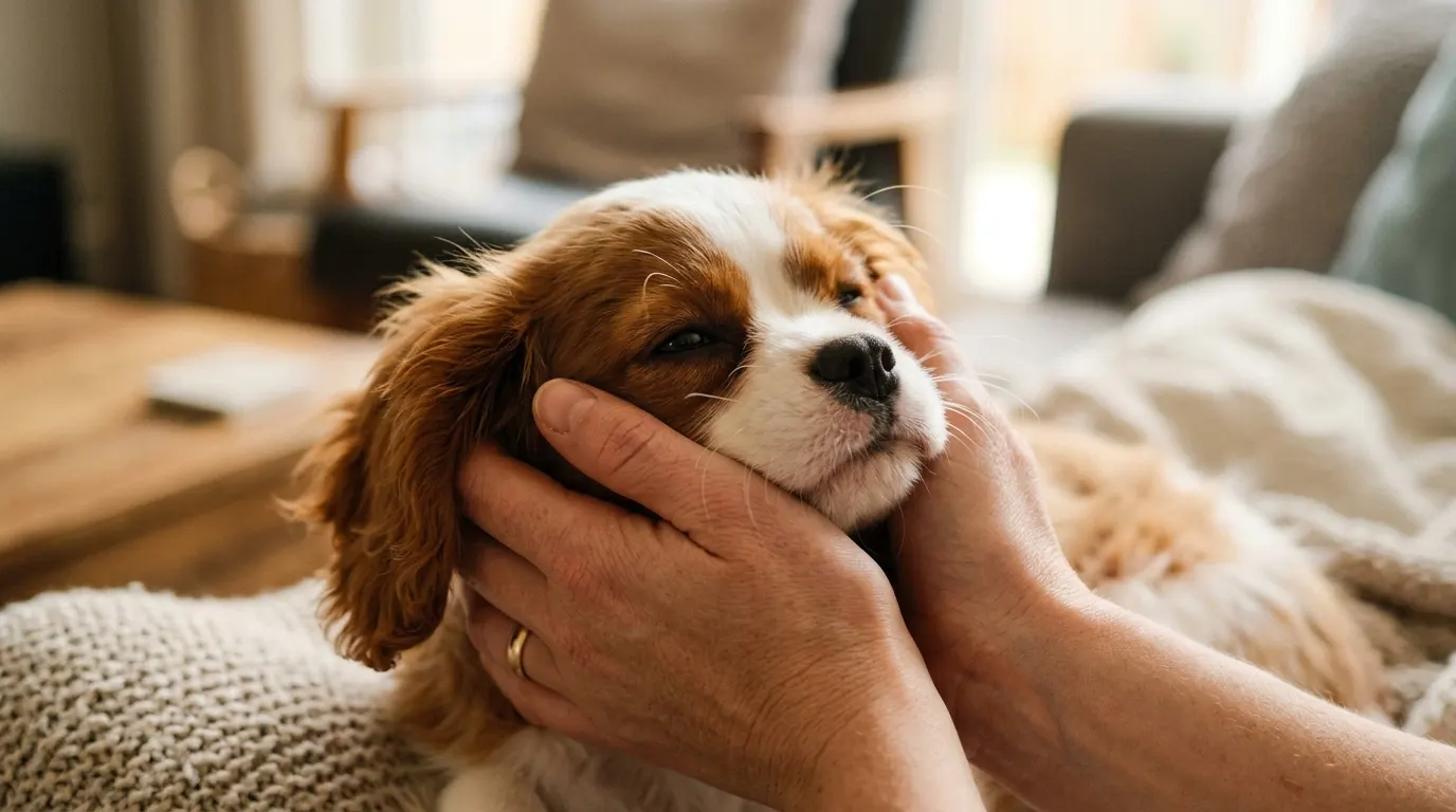 Person cupping puppy face — Pheromones & Sound Desensitization