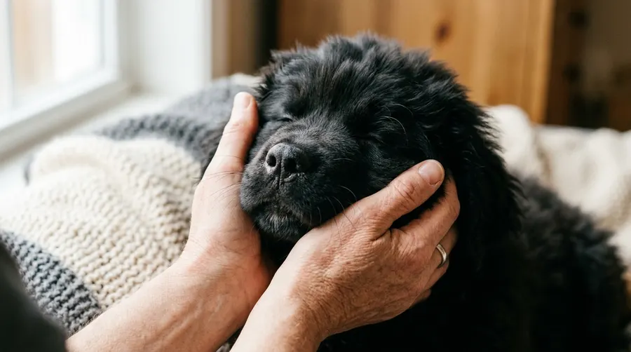 Person cupping puppy face