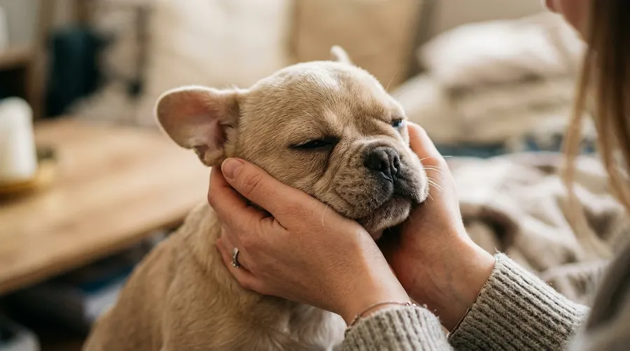 Person cupping puppy face