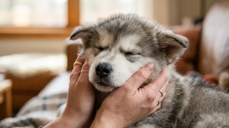 Person cupping puppy face