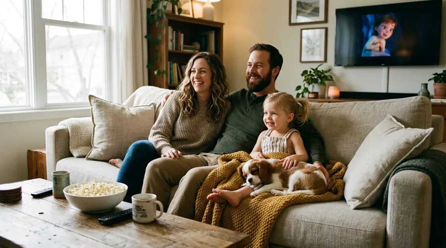 Family watching movie with puppy
