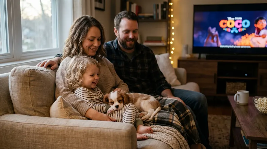 Family watching movie with puppy