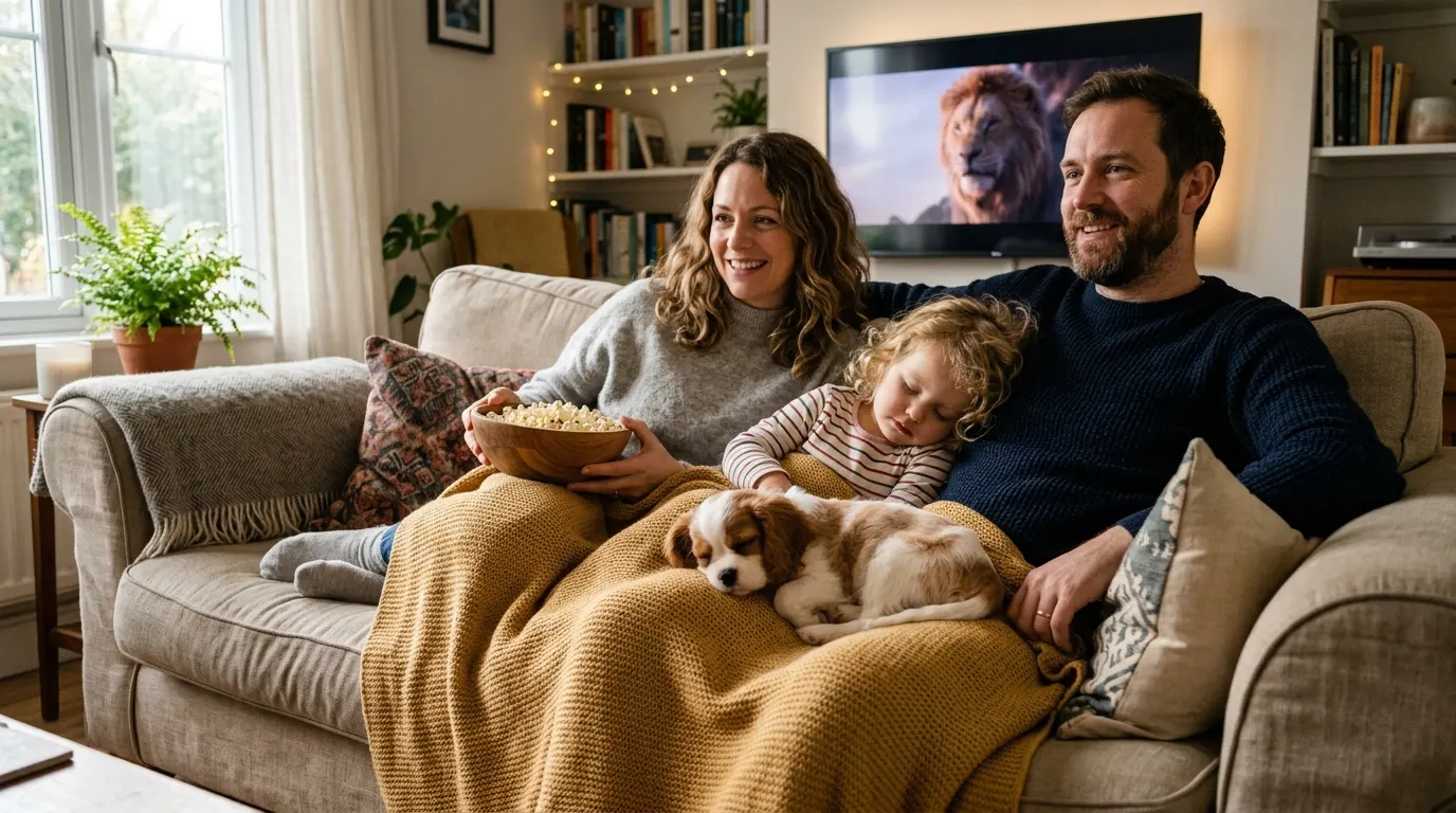Family watching movie with puppy — Privacy, Cloud & Storage
