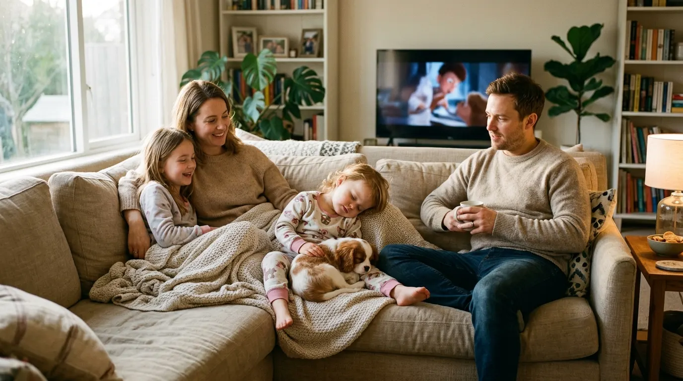 Family watching movie with puppy — Privacy, Cloud & Storage