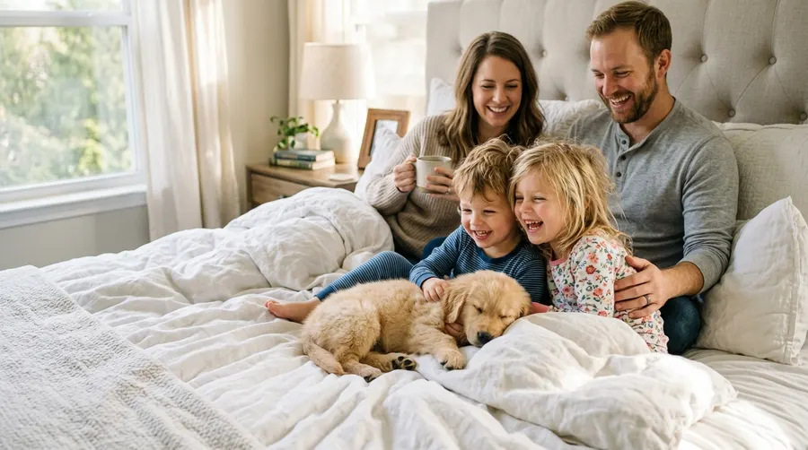 Family with puppy on bed