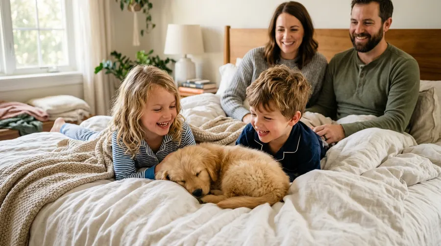 Family with puppy on bed