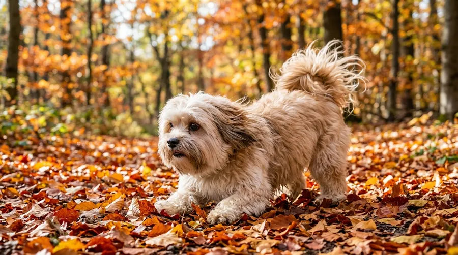 Lhasa Apso crouching on leaves | Protective Paw Boots Lhasa Apso crouching on leaves