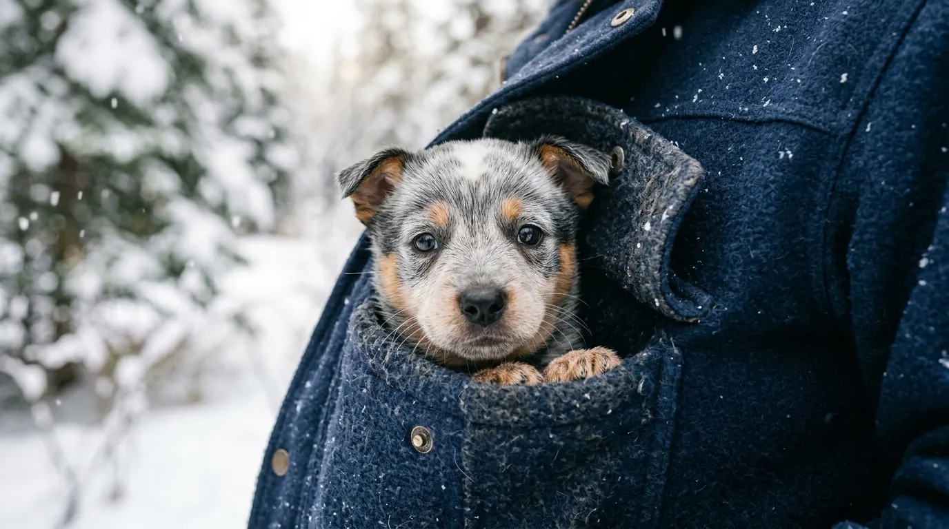 Puppy sitting in coat pocket | Protective Paw Boots Puppy sitting in coat pocket — Protective Paw Boots