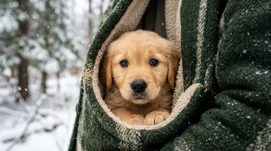 Puppy sitting in coat pocket | Protective Paw Boots Puppy sitting in coat pocket