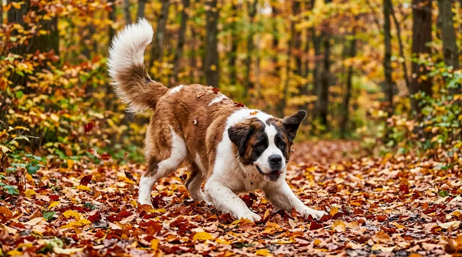 Saint Bernard crouching on leaves | Protective Paw Boots Saint Bernard crouching on leaves