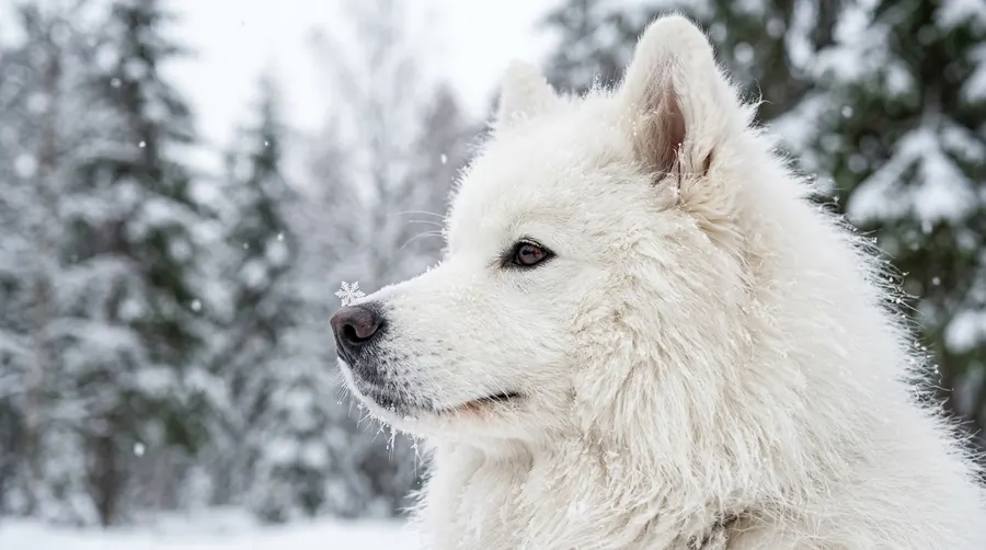 Samoyed in winter air | Protective Paw Boots Samoyed in winter air