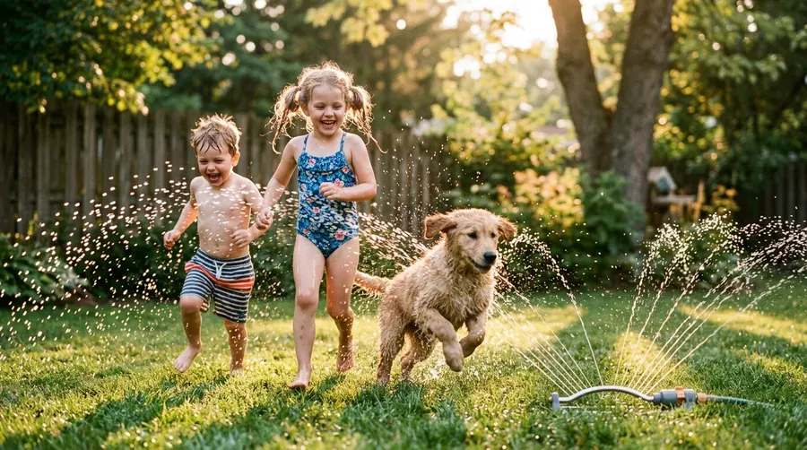 Children and puppy running throu