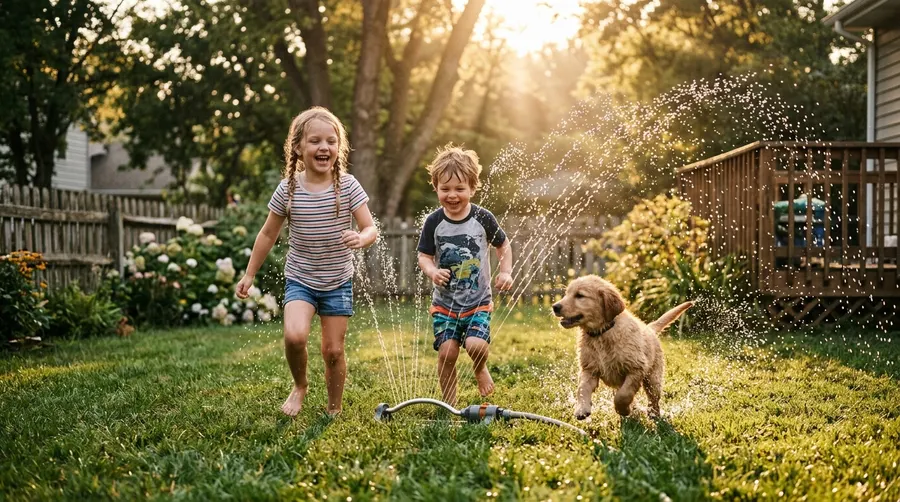 Children and puppy running throu