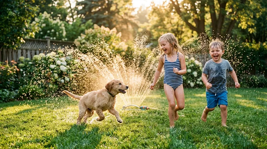 Children and puppy running throu