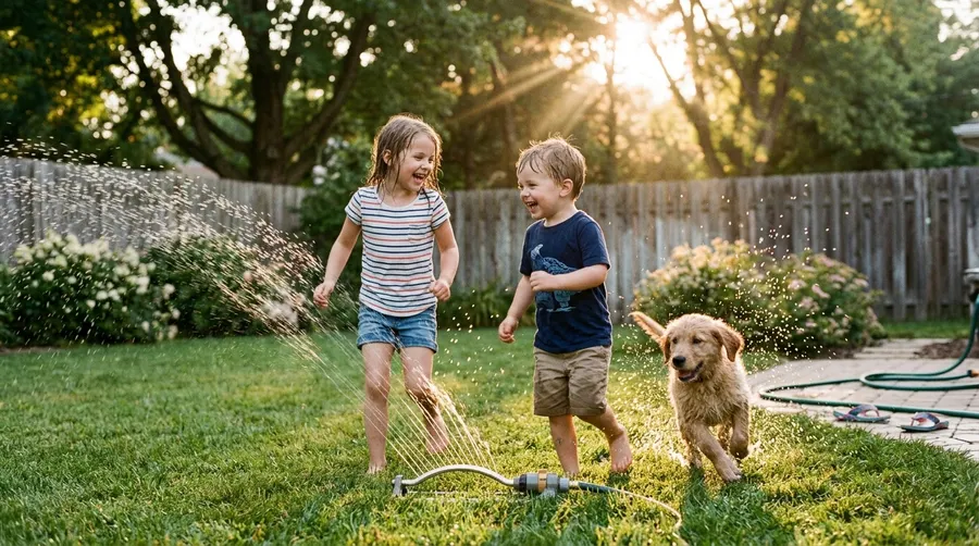 Children running with puppy