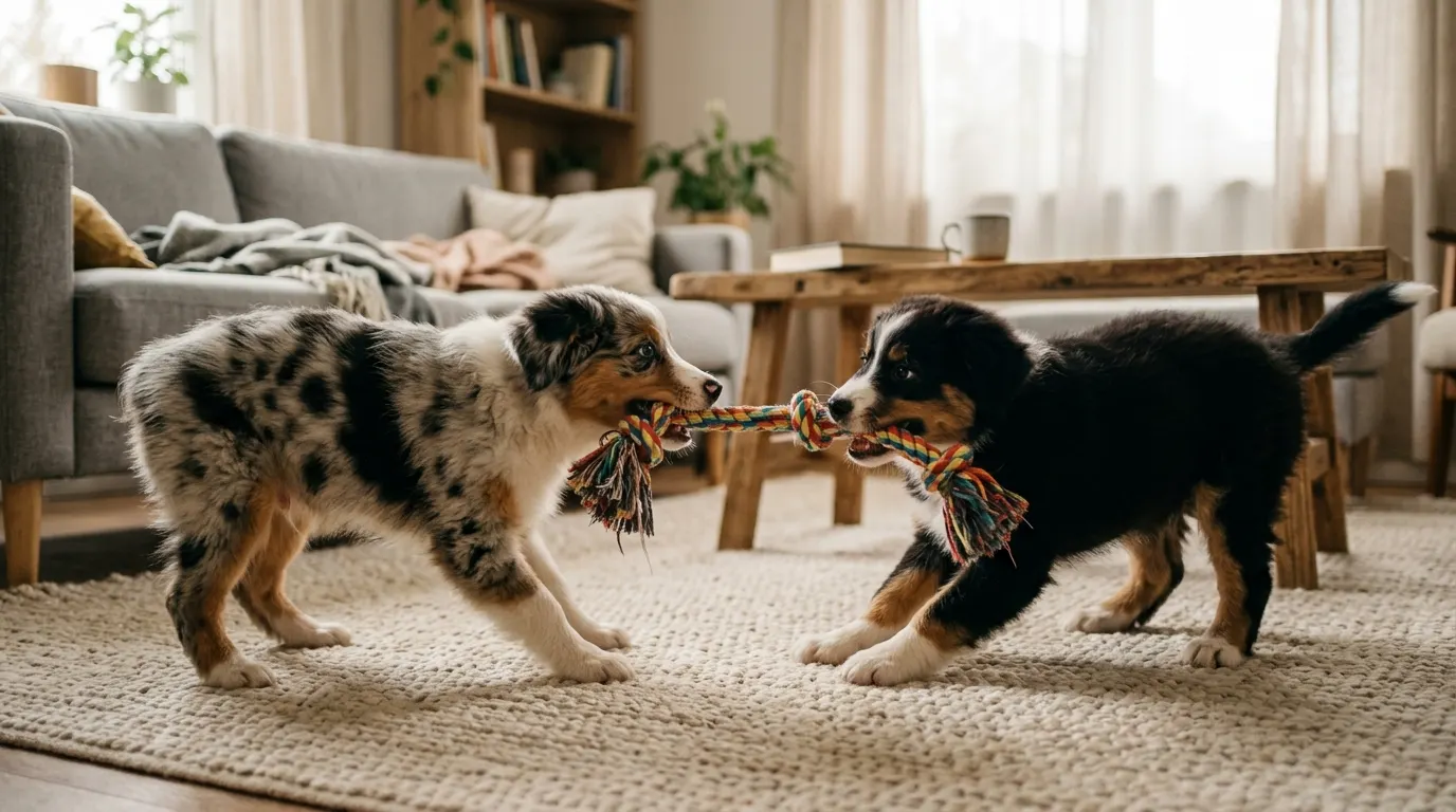 Puppies playing tug-of-war | Puzzles & Mental Enrichment Puppies playing tug-of-war — Puzzles & Mental Enrichment