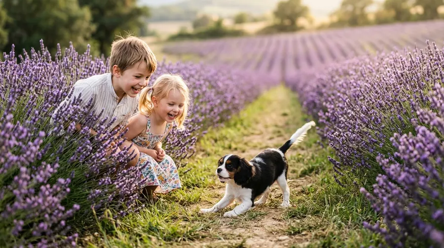 Siblings and puppy playing outdoors