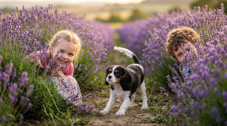 Siblings playing with puppy