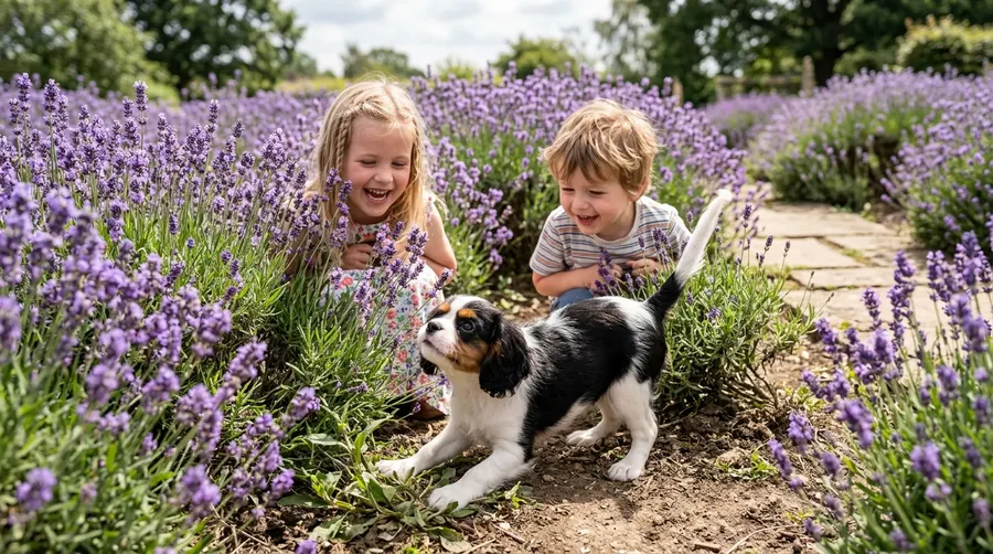 Siblings playing with puppy