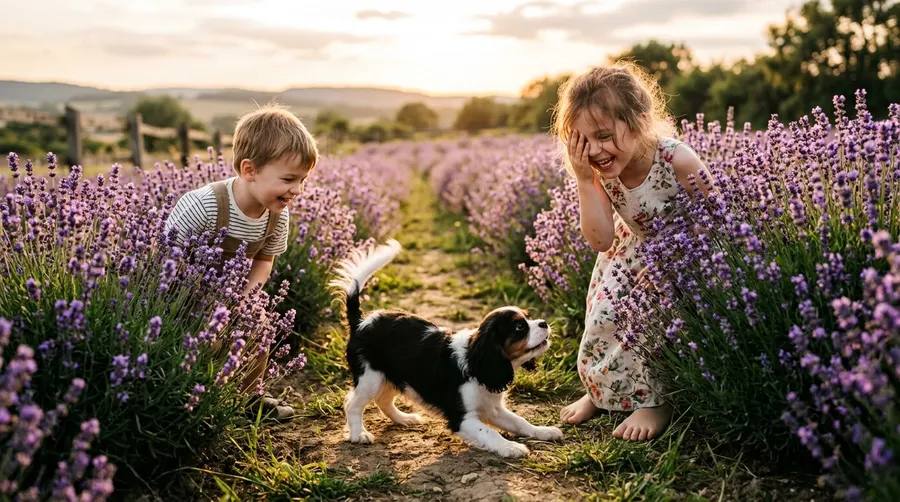 Siblings playing with puppy