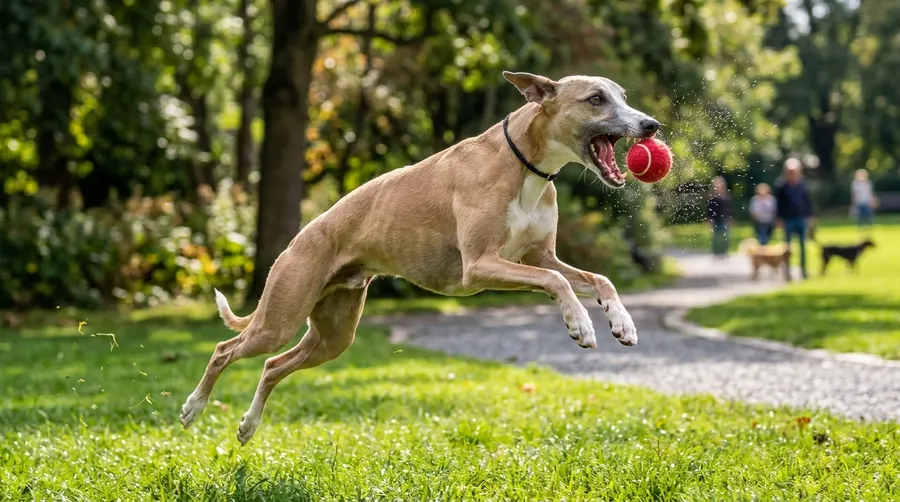 Whippet catching red tennis ball | Puzzles & Mental Enrichment Whippet catching red tennis ball
