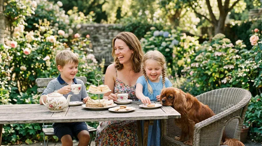 Family and dog having tea