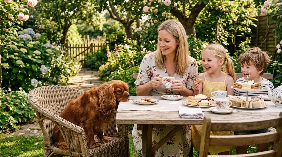 Family and dog having tea