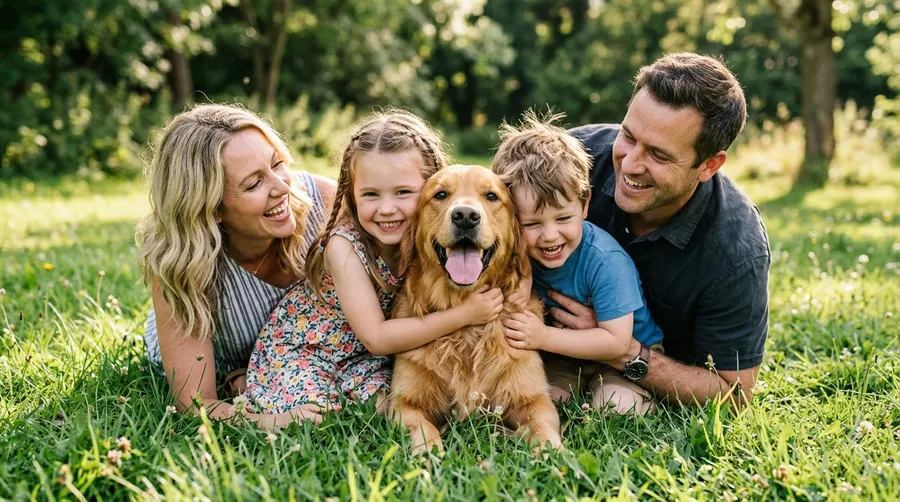 Family and dog hugging grass