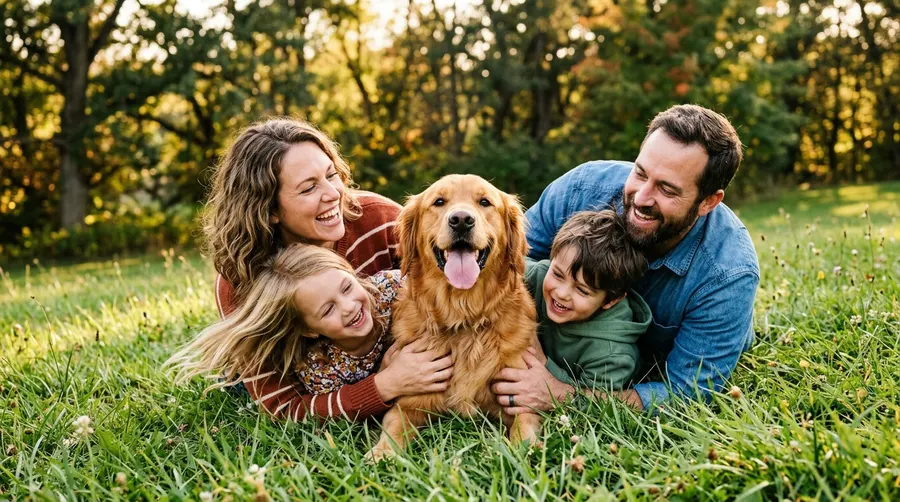 Family and dog hugging on