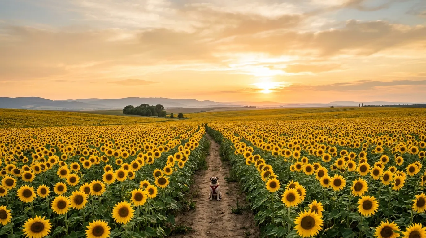 Pug sitting in sunflower field | Quality of Life & Euthanasia Pug sitting in sunflower field — Quality of Life & Euthanasia
