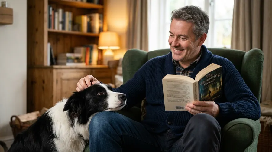 Man reading book with dog