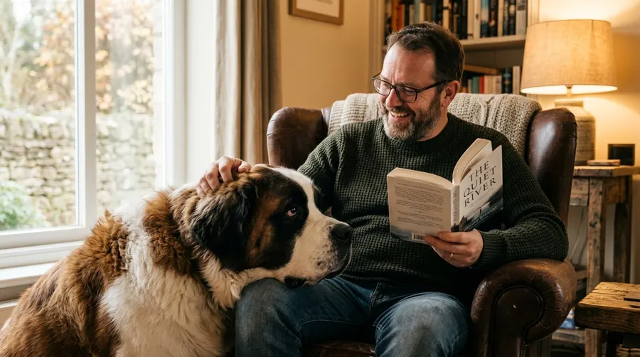 Man reading book with dog